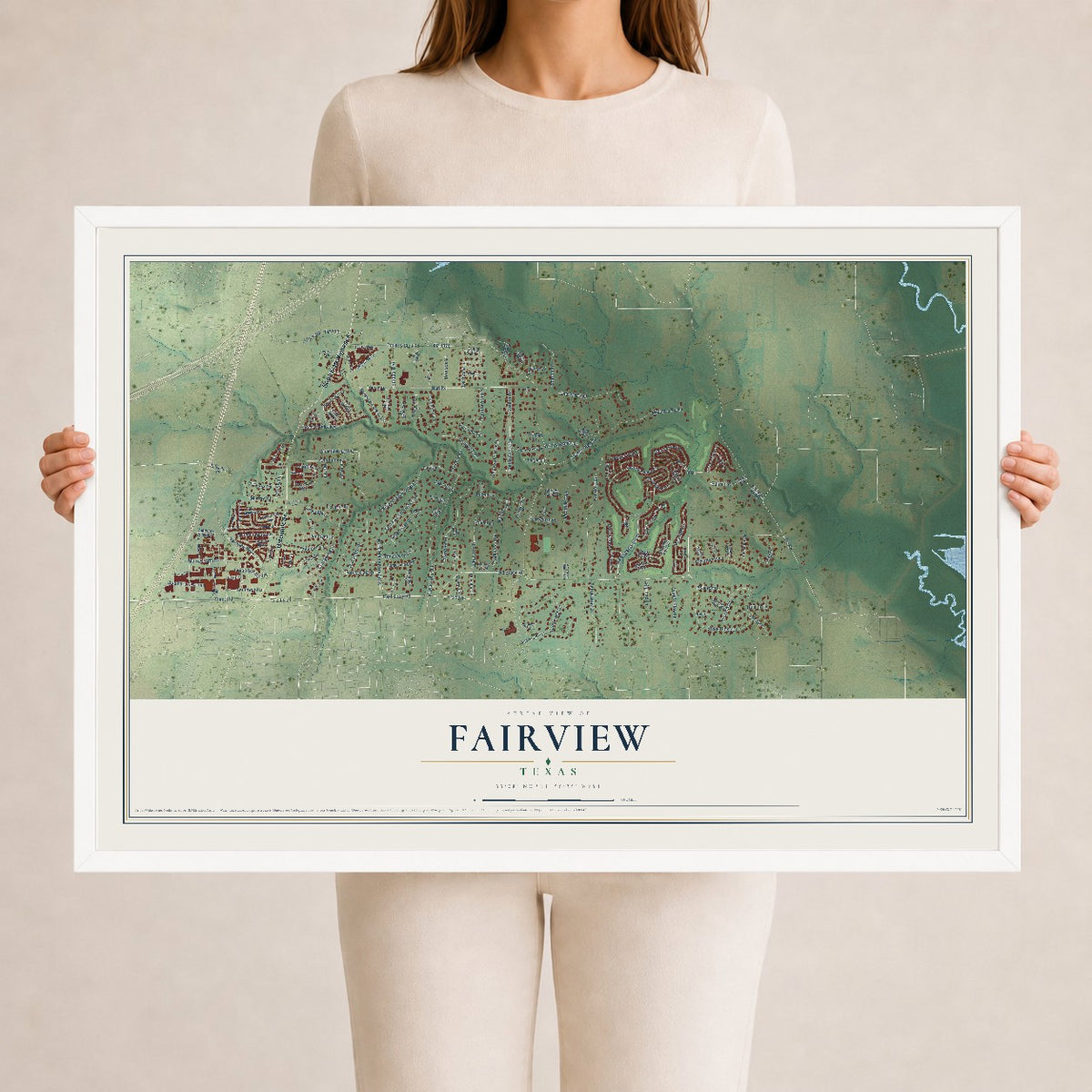 Map of Fairview, Texas, 24 x 36 inch print in a white wood frame