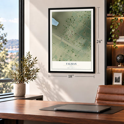 Falman, Texas map, 18 x 24 inch print in a black frame in a home office