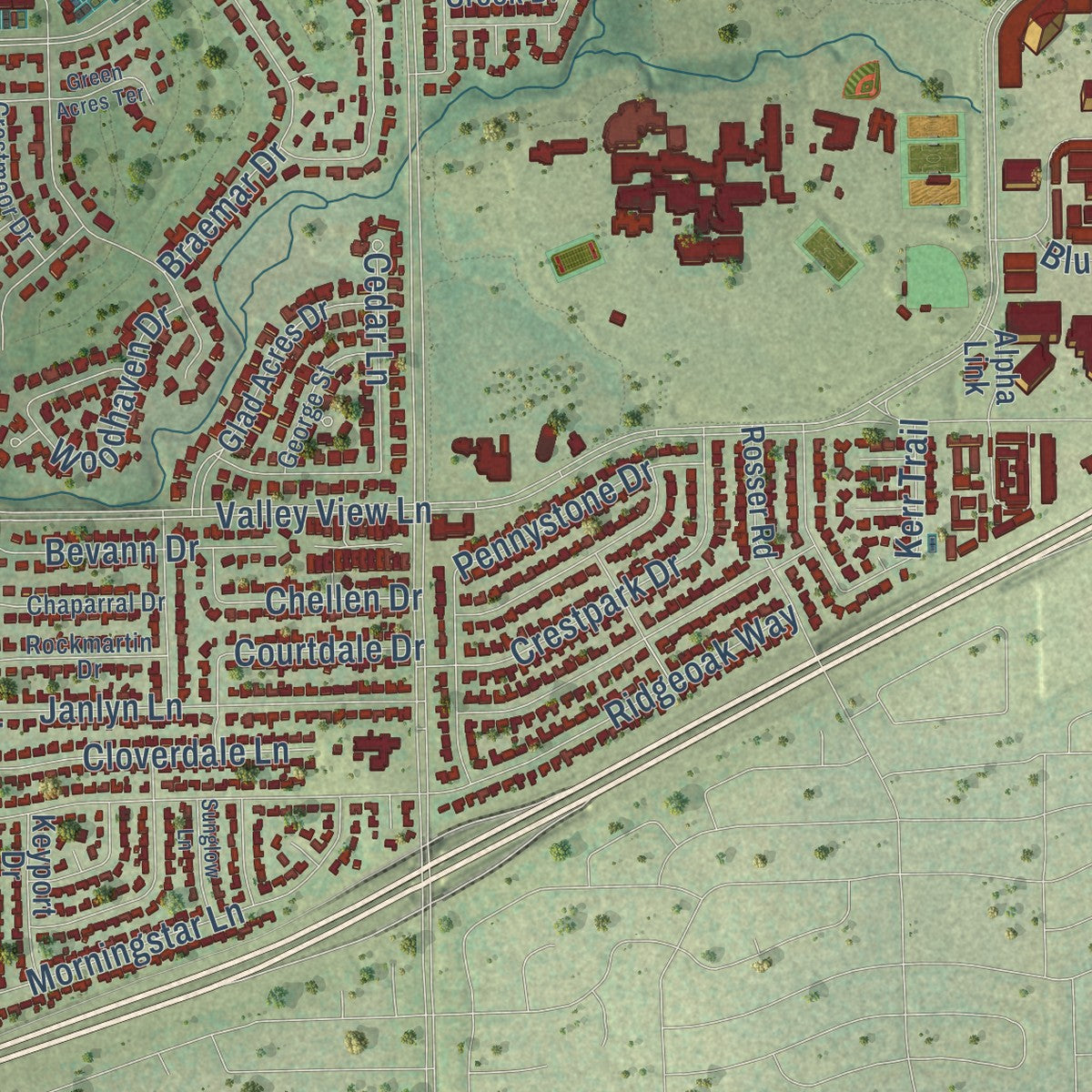 Second close-up of the map of Farmers Branch, Texas print showing more streets and buildings