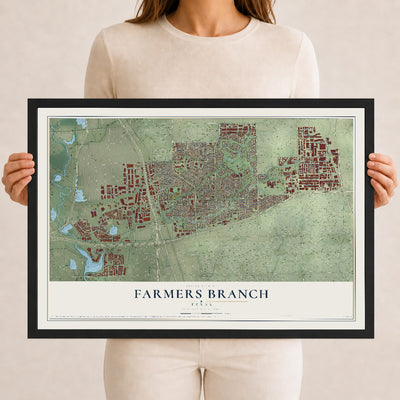 Map of Farmers Branch, Texas, 12 x 18 inch print in a black wood frame
