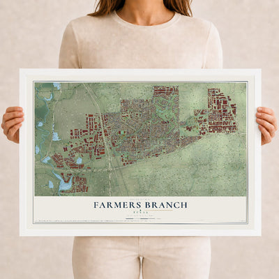 Map of Farmers Branch, Texas, 12 x 18 inch print in a white wood frame
