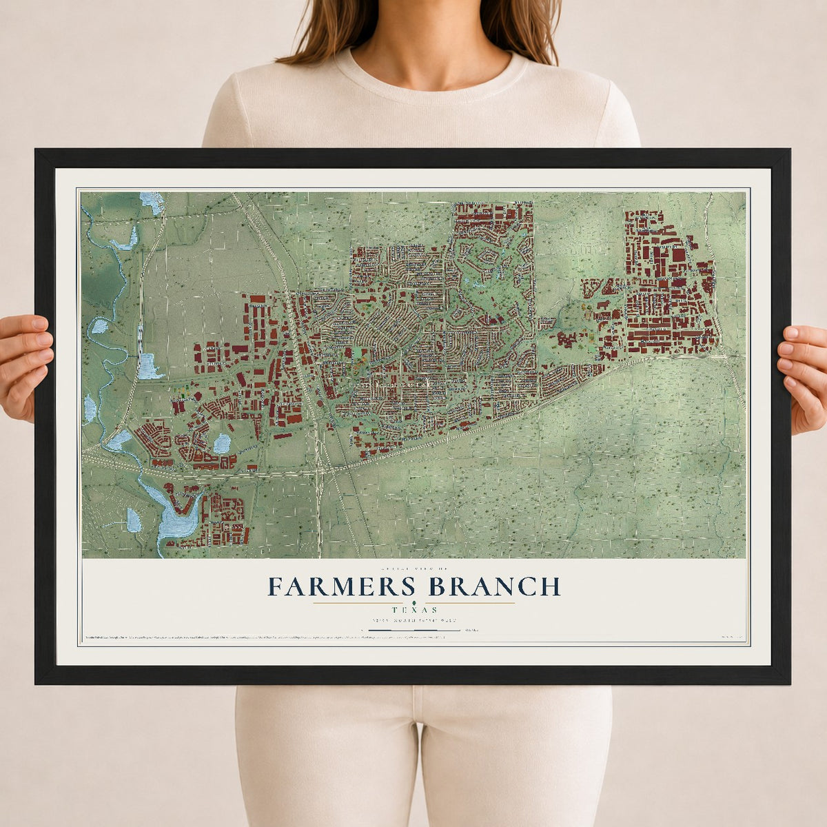 Map of Farmers Branch, Texas, 18 x 24 inch print in a black wood frame