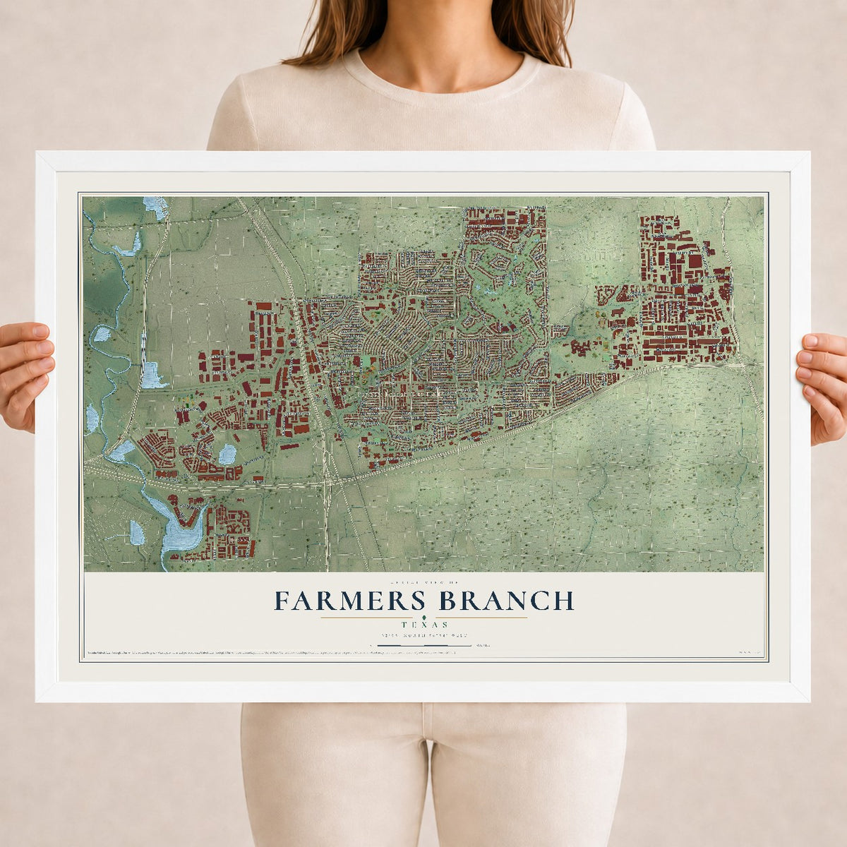 Map of Farmers Branch, Texas, 18 x 24 inch print in a white wood frame