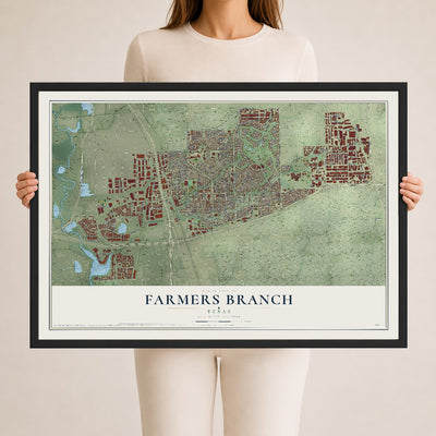 Map of Farmers Branch, Texas, 24 x 36 inch print in a black wood frame