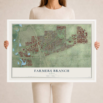 Map of Farmers Branch, Texas, 24 x 36 inch print in a white wood frame