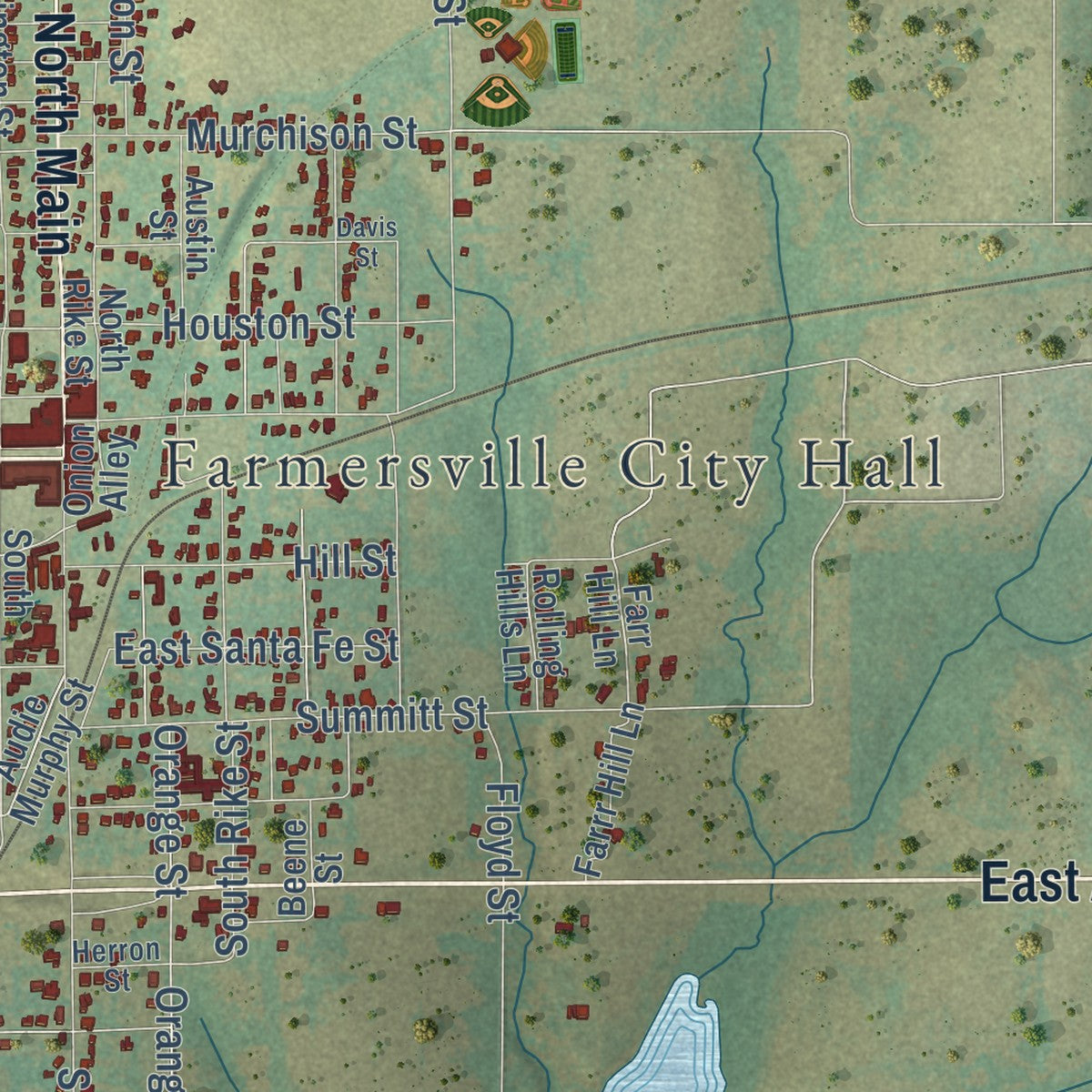 Close-up of the map of Farmersville, Texas print showing street and building detail
