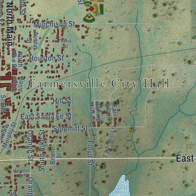 Close-up of the map of Farmersville, Texas print showing street and building detail