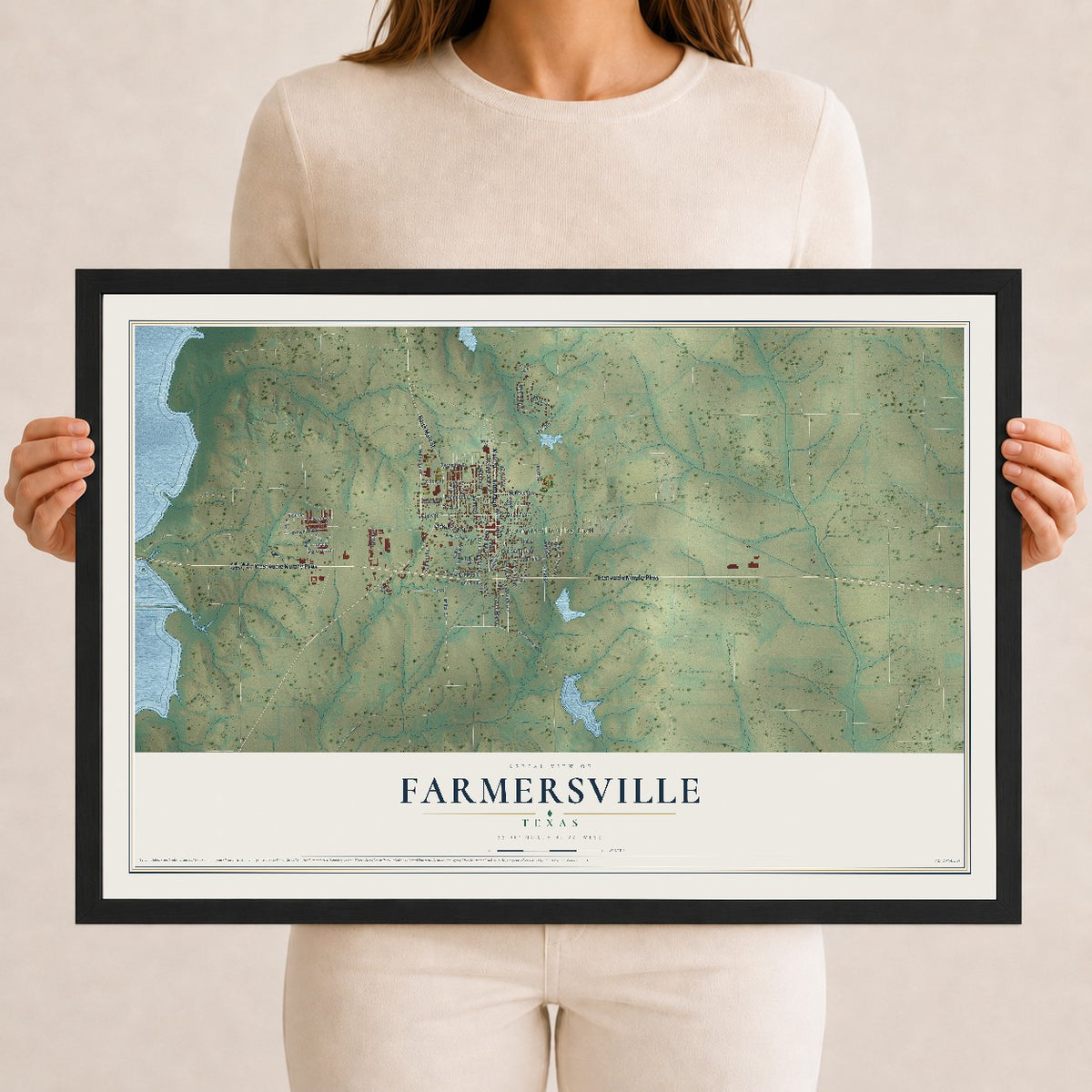 Map of Farmersville, Texas, 12 x 18 inch print in a black wood frame