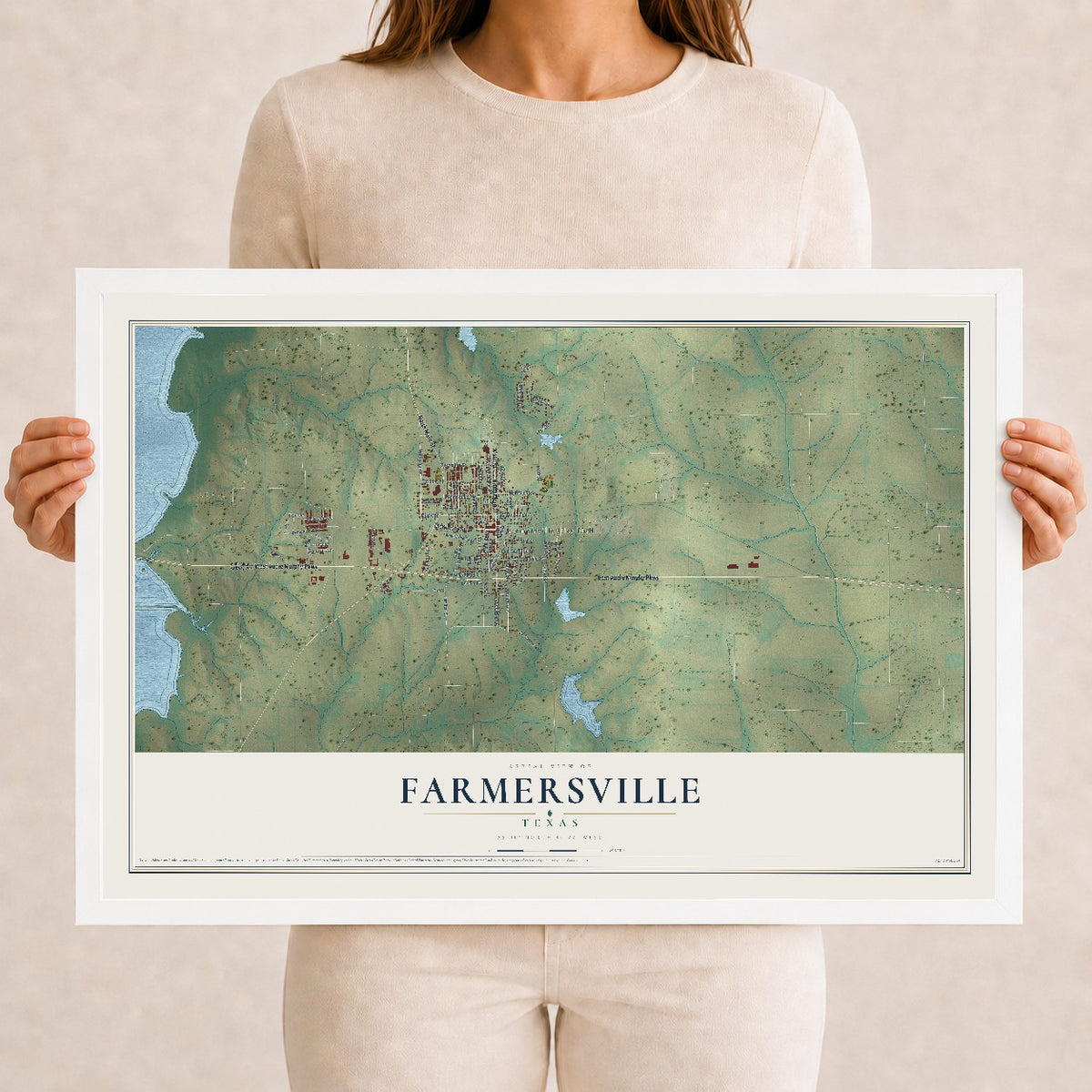 Map of Farmersville, Texas, 12 x 18 inch print in a white wood frame