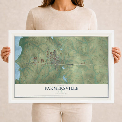 Map of Farmersville, Texas, 12 x 18 inch print in a white wood frame