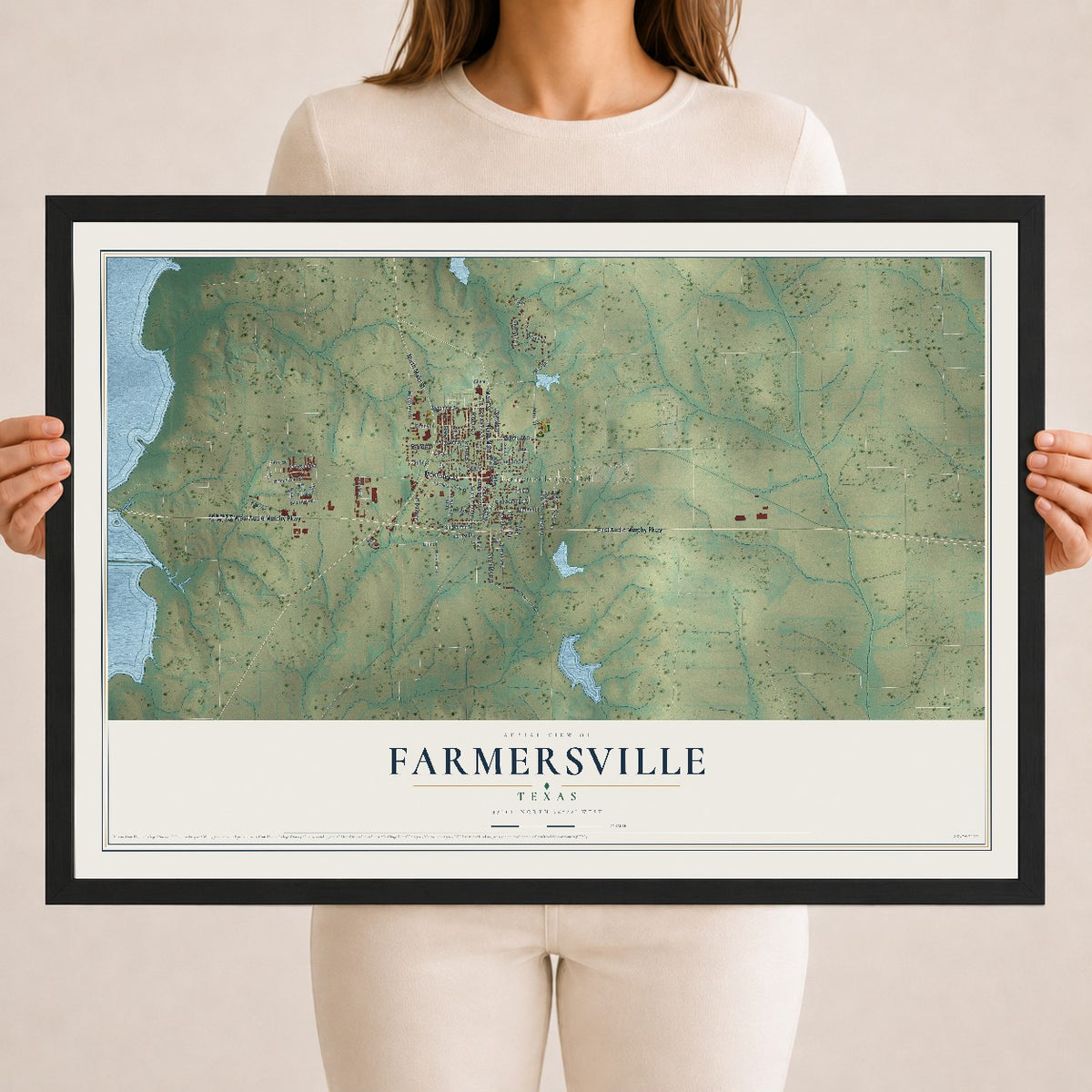 Map of Farmersville, Texas, 18 x 24 inch print in a black wood frame