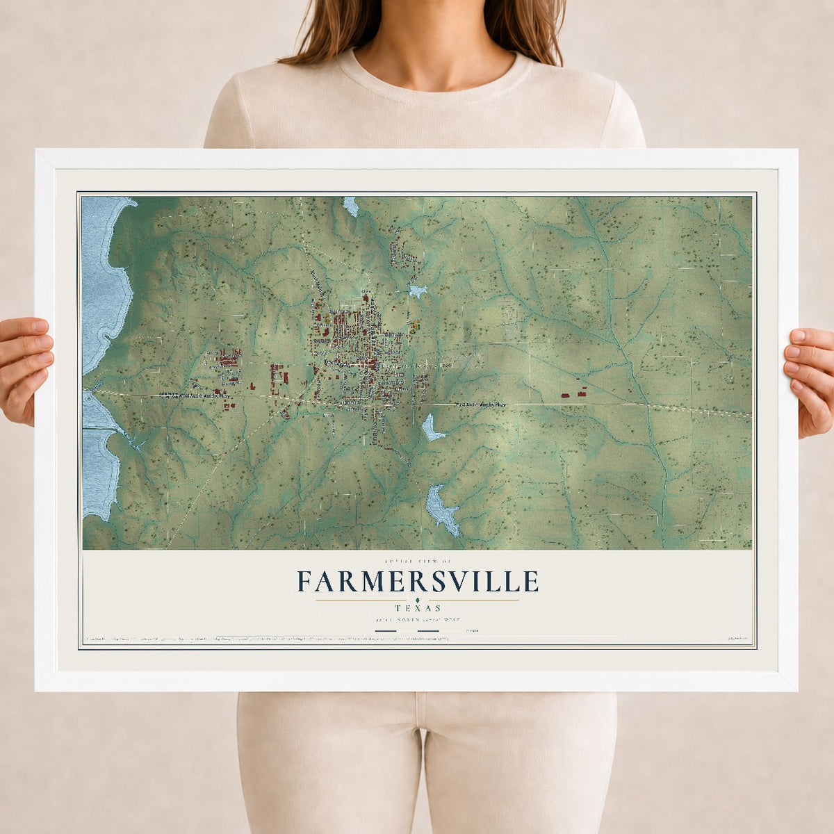 Map of Farmersville, Texas, 18 x 24 inch print in a white wood frame