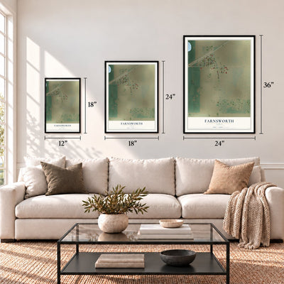 Farnsworth, Texas map in 12 x 18, 18 x 24 and 24 x 36 inch sizes above a sofa