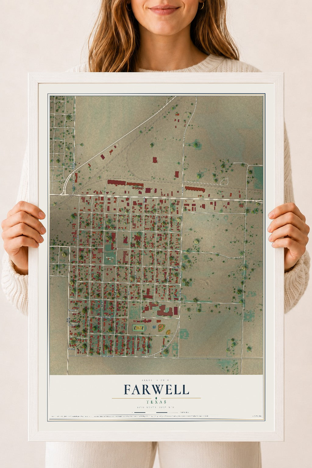 Map of Farwell, Texas, 18 x 24 inch print in a white wood frame
