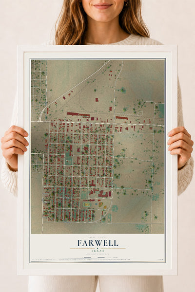 Map of Farwell, Texas, 18 x 24 inch print in a white wood frame