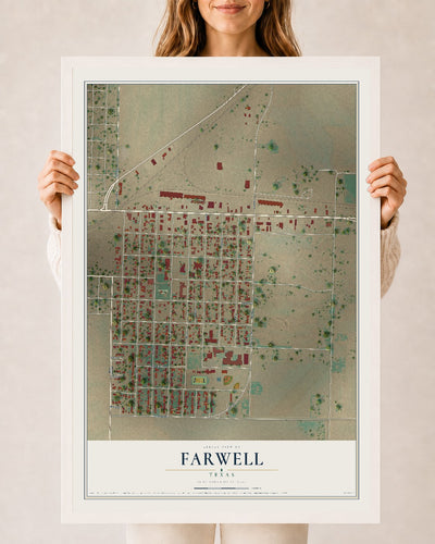 Map of Farwell, Texas, 24 x 36 inch print in a white wood frame