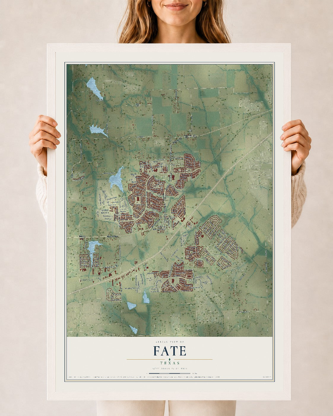 Map of Fate, Texas, 24 x 36 inch print in a white wood frame