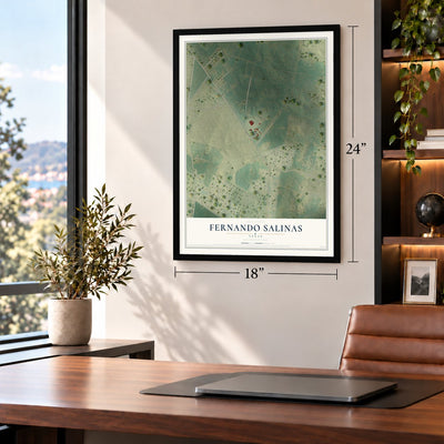 Fernando Salinas, Texas map, 18 x 24 inch print in a black frame in a home office