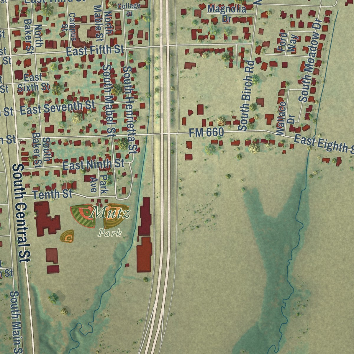 Close-up of the map of Ferris, Texas print showing street and building detail