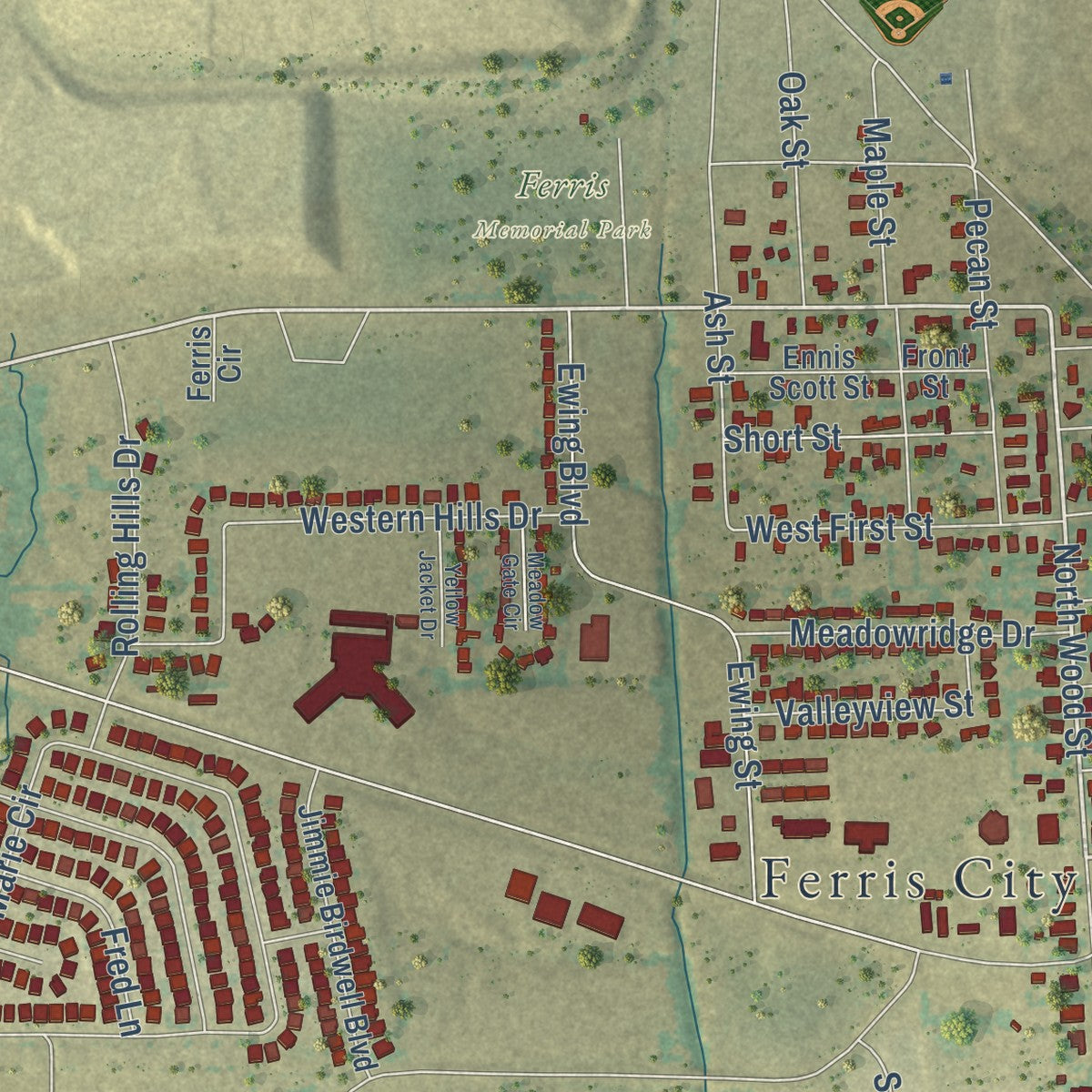 Second close-up of the map of Ferris, Texas print showing more streets and buildings