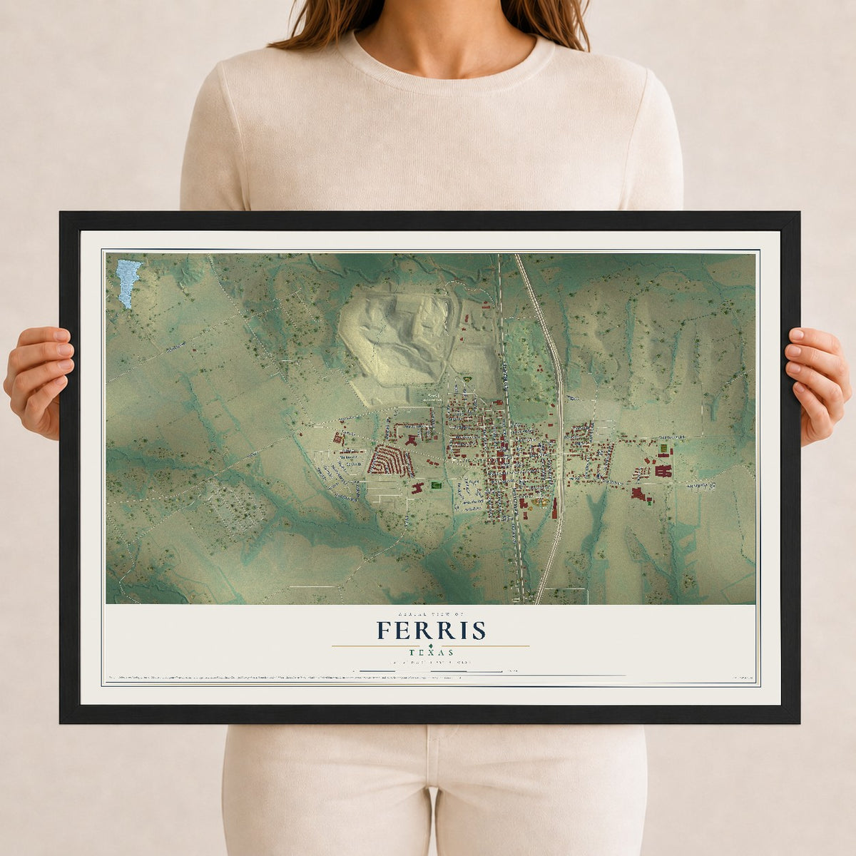 Map of Ferris, Texas, 12 x 18 inch print in a black wood frame