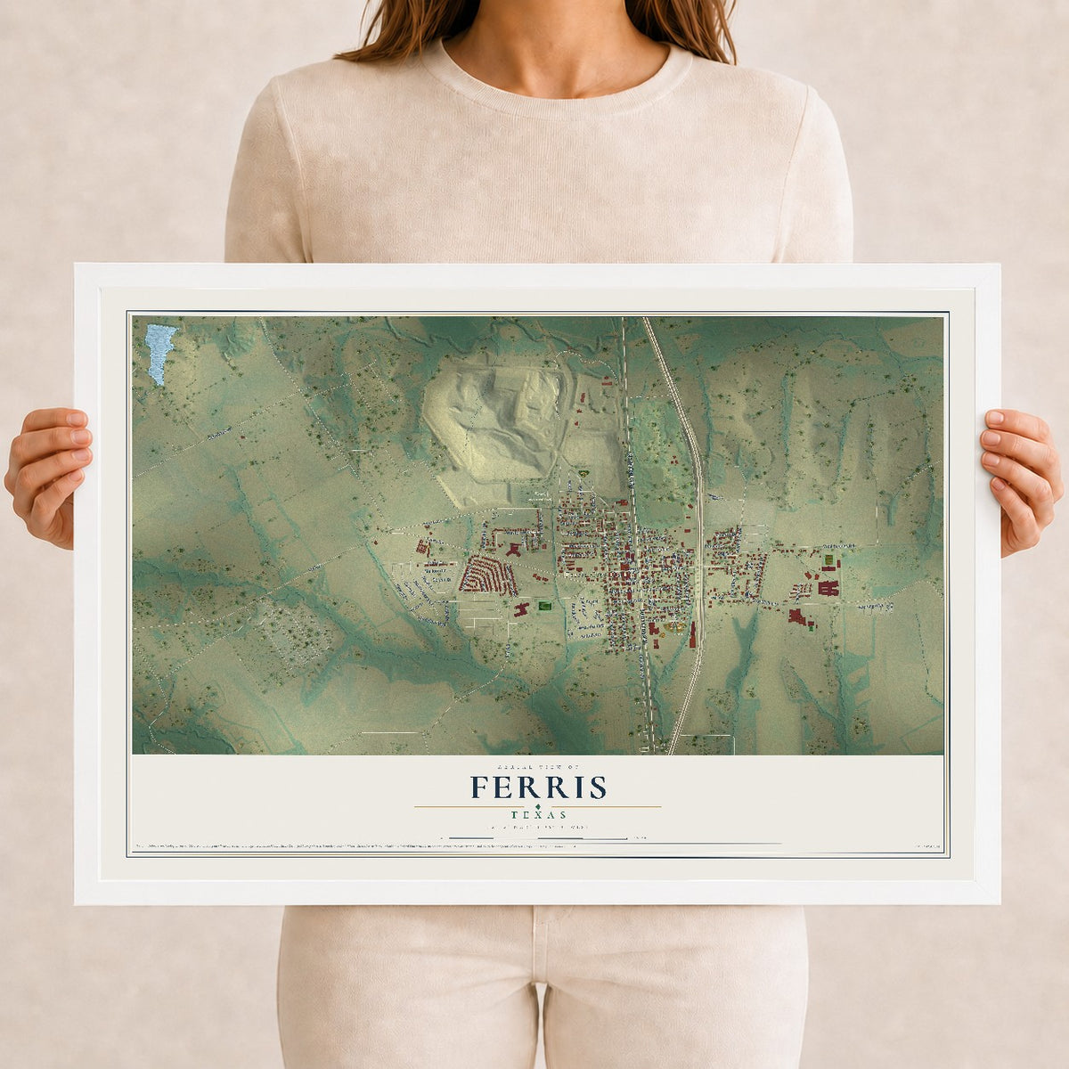 Map of Ferris, Texas, 12 x 18 inch print in a white wood frame