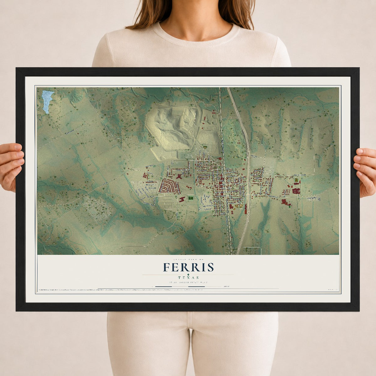 Map of Ferris, Texas, 18 x 24 inch print in a black wood frame