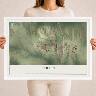 Map of Ferris, Texas, 18 x 24 inch print in a white wood frame