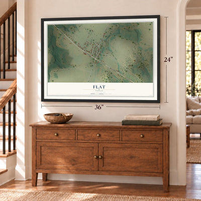 Flat, Texas map, 24 x 36 inch print in a black frame above a dresser by a staircase