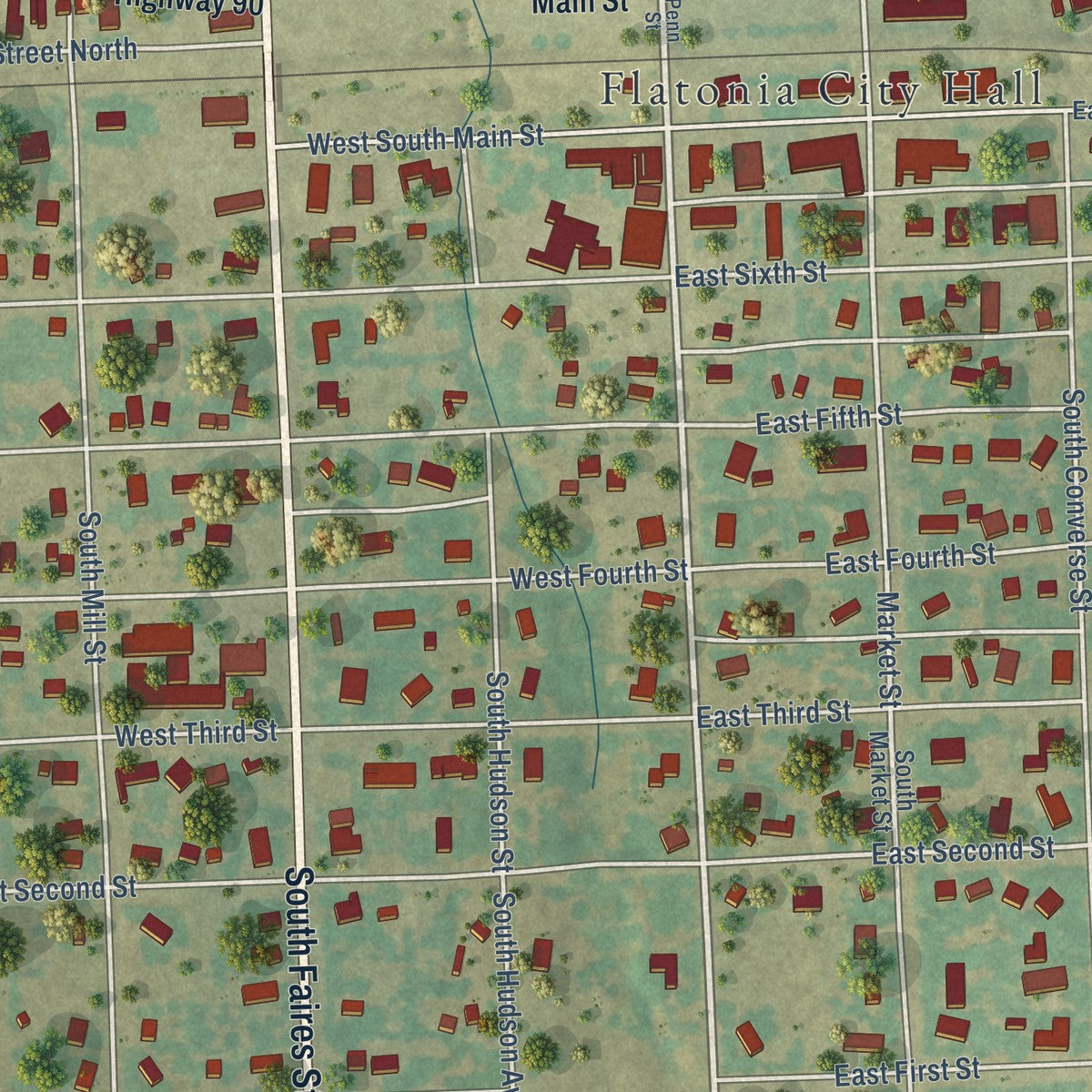 Close-up of the map of Flatonia, Texas print showing street and building detail