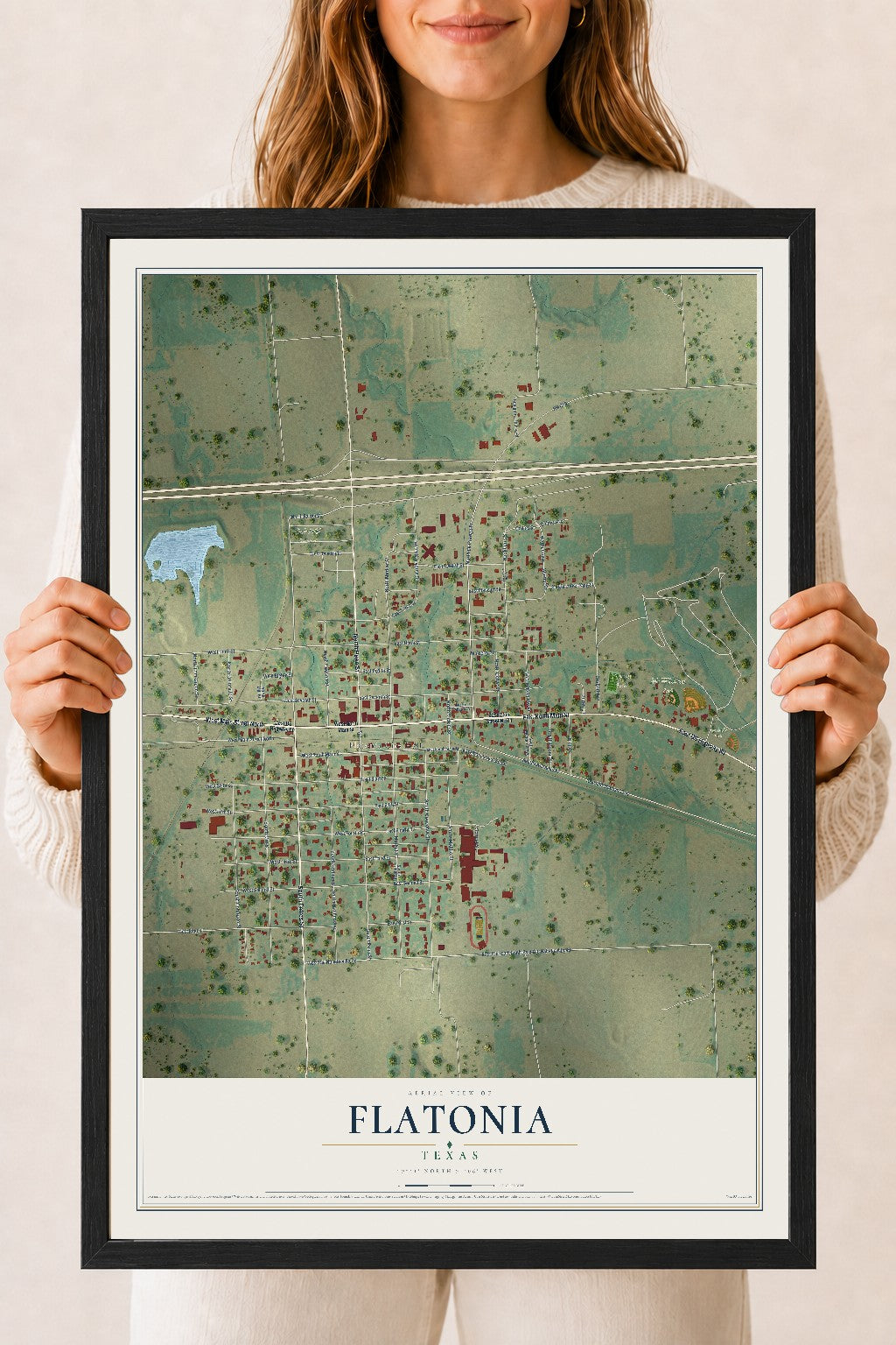 Map of Flatonia, Texas, 18 x 24 inch print in a black wood frame