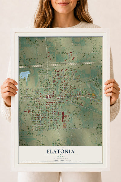 Map of Flatonia, Texas, 18 x 24 inch print in a white wood frame