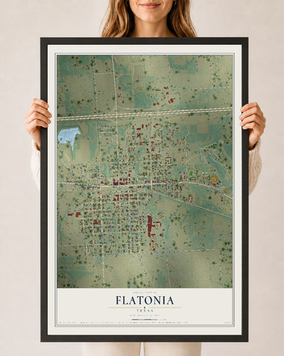 Map of Flatonia, Texas, 24 x 36 inch print in a black wood frame