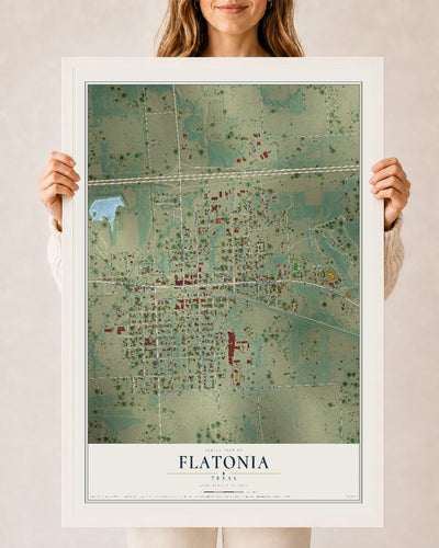 Map of Flatonia, Texas, 24 x 36 inch print in a white wood frame