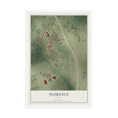 Map of Florence, Texas, 12 x 18 inch print in a white wood frame