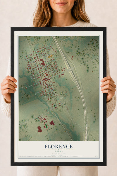Map of Florence, Texas, 18 x 24 inch print in a black wood frame