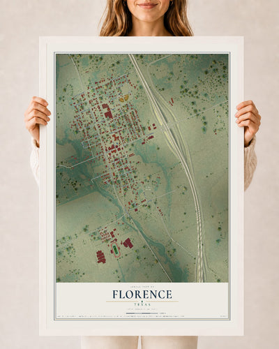Map of Florence, Texas, 24 x 36 inch print in a white wood frame