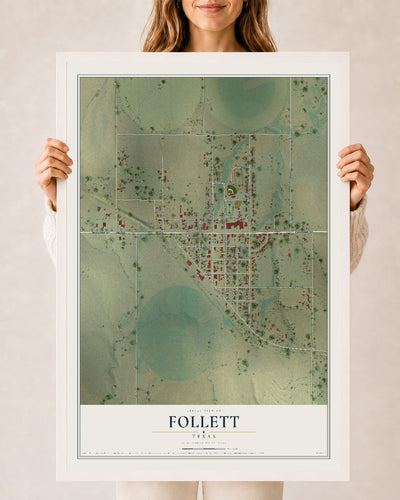 Map of Follett, Texas, 24 x 36 inch print in a white wood frame