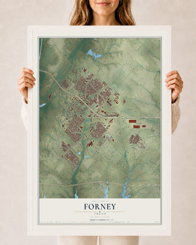 Map of Forney, Texas, 24 x 36 inch print in a white wood frame