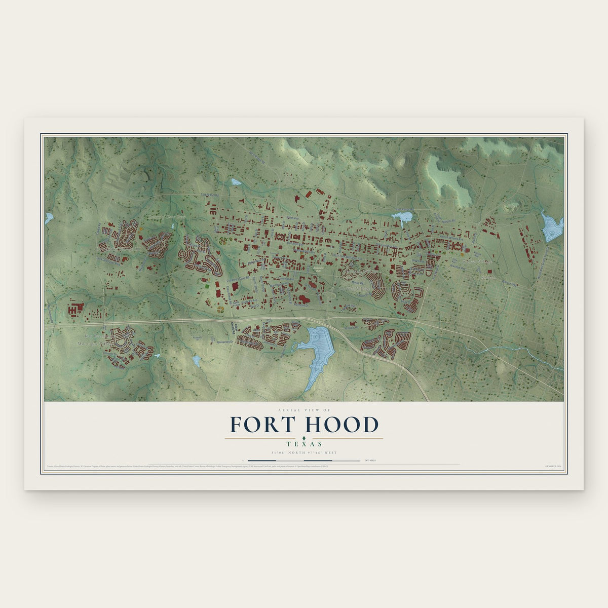 Fort Hood, Texas map print, the full design