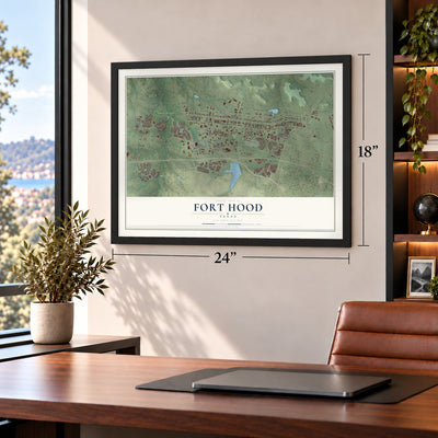 Fort Hood, Texas map, 18 x 24 inch print in a black frame in a home office