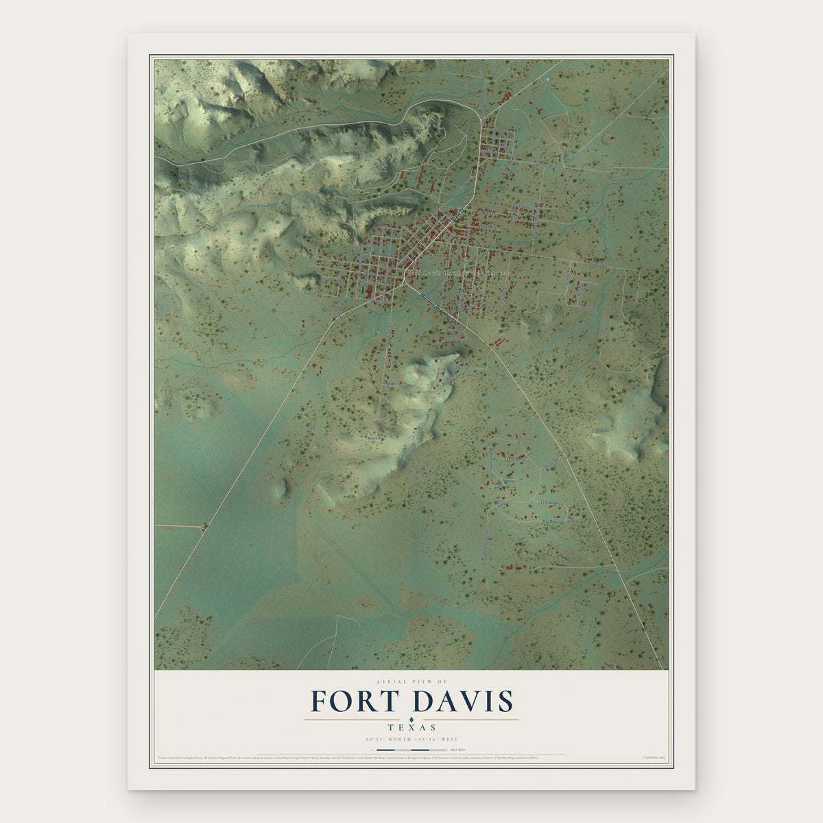 Fort Davis, Texas map print, the full design
