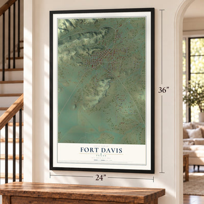 Fort Davis, Texas map, 24 x 36 inch print in a black frame by a staircase