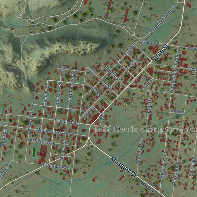 Close-up of the map of Fort Davis, Texas print showing street and building detail