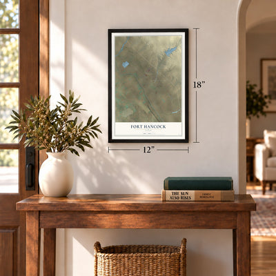 Fort Hancock, Texas map, 12 x 18 inch print in a black frame in an entryway