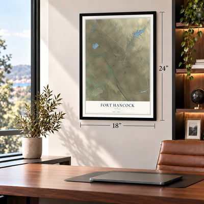 Fort Hancock, Texas map, 18 x 24 inch print in a black frame in a home office