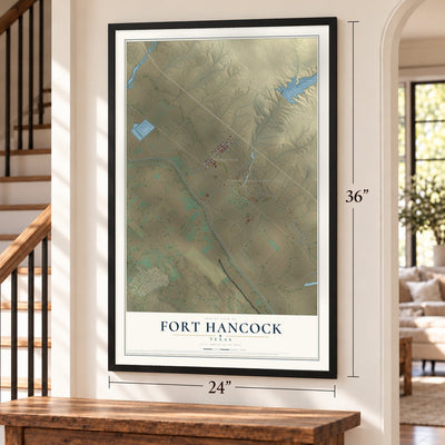 Fort Hancock, Texas map, 24 x 36 inch print in a black frame by a staircase