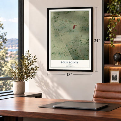 Four Points, Texas map, 18 x 24 inch print in a black frame in a home office