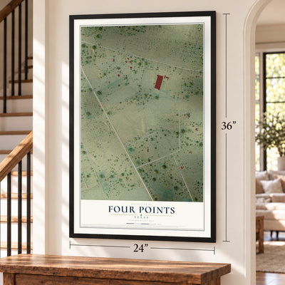 Four Points, Texas map, 24 x 36 inch print in a black frame by a staircase