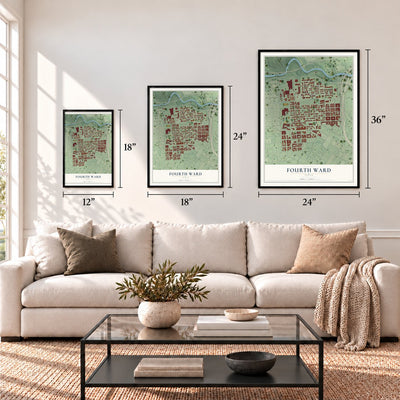 Fourth Ward, Texas map in 12 x 18, 18 x 24 and 24 x 36 inch sizes above a sofa